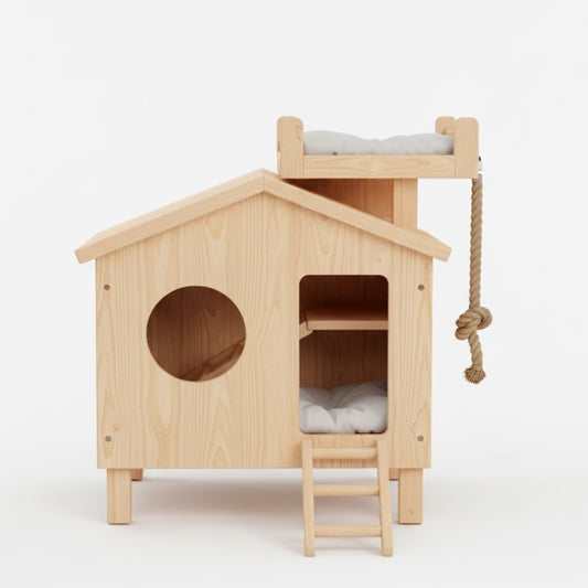 Houten kattenhuis met twee ligplekken en ladder