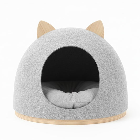 Kattenhuis in koepelvorm met ovale ingang en oordetail